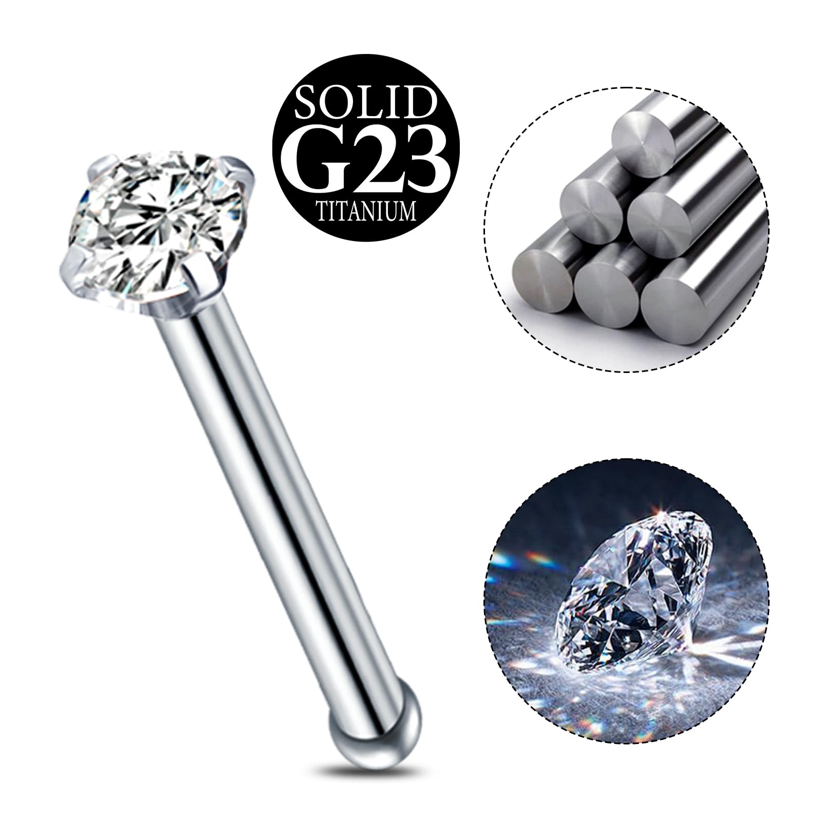 AceFun 20G piercing nariz titanio plata 1 forma G23 plata recta Piercing nariz Joyería para Mujeres Hombres plata circonio cúbico diamantes 1.5mm 2mm 2.5mm 3mm — view 3