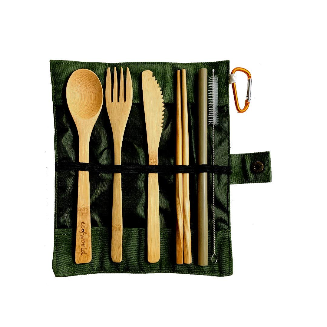 ECOFWORLD Bamboo Cutlery Set | Reusable Premium Wooden Utensils Flatware with Case for Kids & Adults | Bamboo Spoon, Fork, Knife, Brush, Chopsticks | Camping Travel Outdoor | Zero-Waste 7pcs