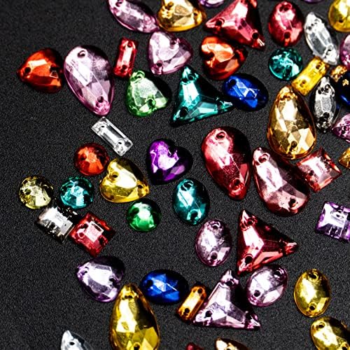 500 Pieces Sewing Gems Acrylic Sewing Crystal Mixed Shapes Sew On Rhinestones with 2 Holes for Clothes Sewing Beads Decorations (Multicolor)