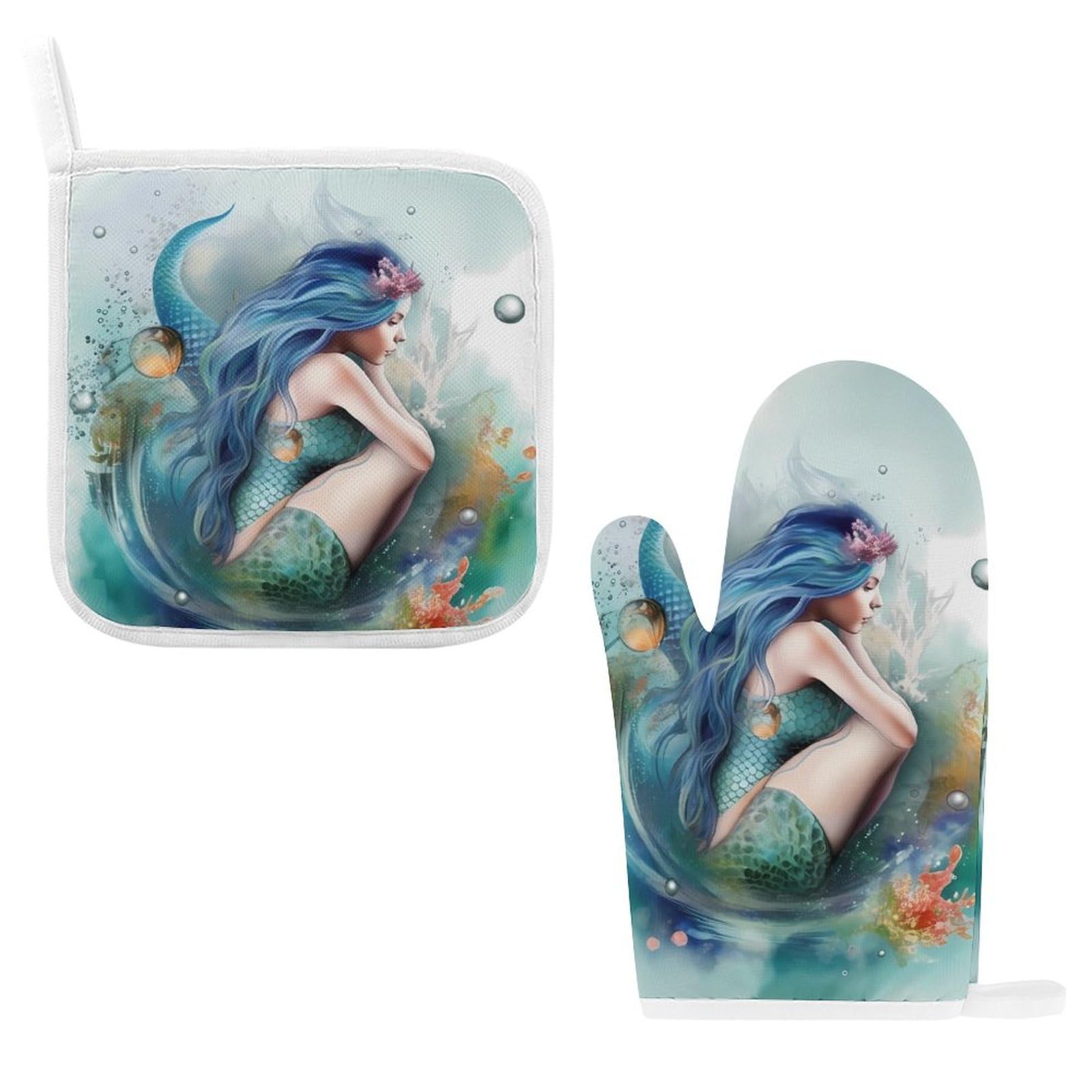 Oven Glove Mermaid Oven Mitts and Pot Holders Sets of 2 Heat Resistant Gloves BBQ Glove Non-Slip Cooking Gloves for Baking Grilling Kitchen Potholders Gloves