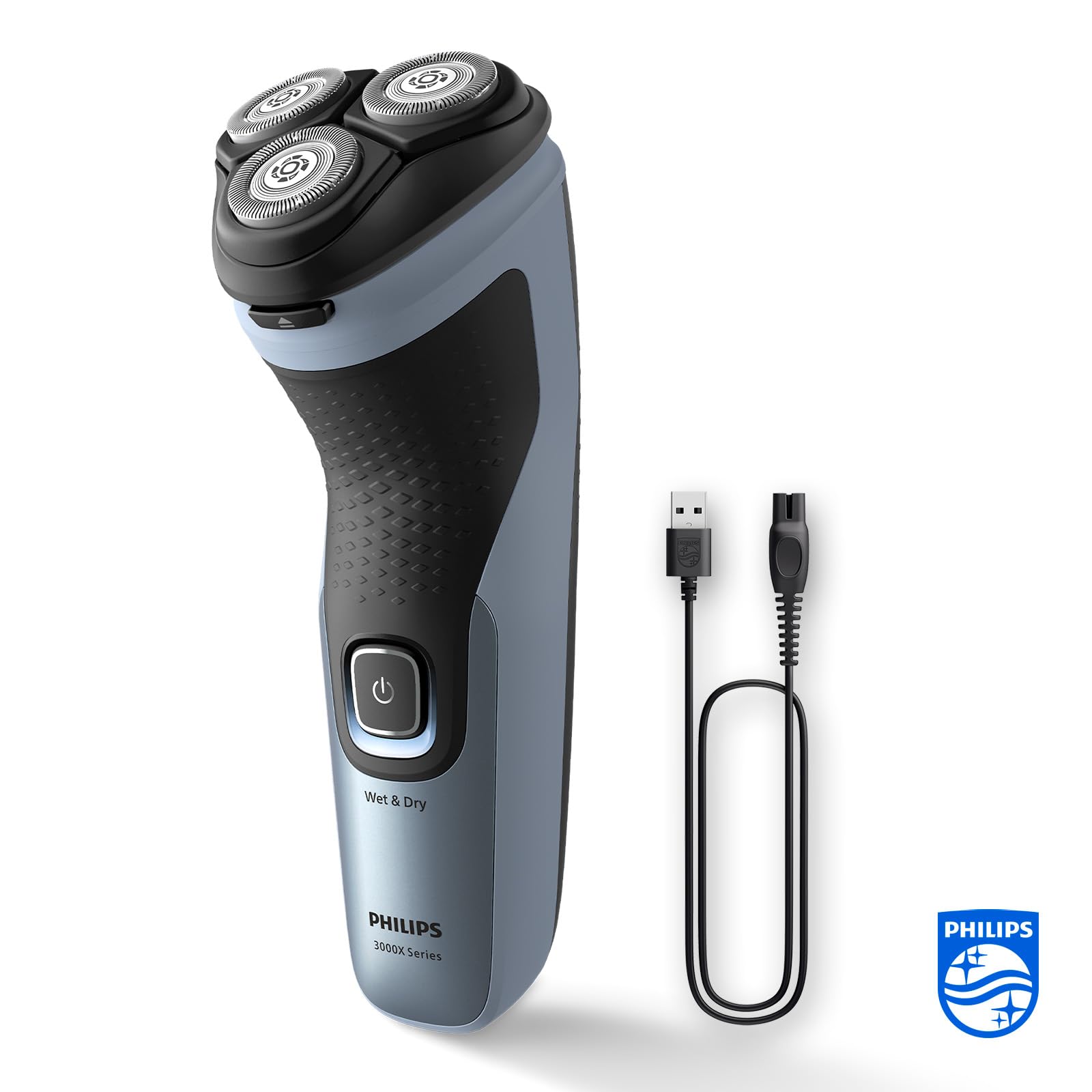 Philips Serie X3000 Afeitadora Eléctrica Hombre, Máquina de Afeitar Barba con Cortapatillas, 27 cuchillas, Cuida la piel, 45min de uso, En Seco y Húmedo, Recargable, X3053/00, Azul