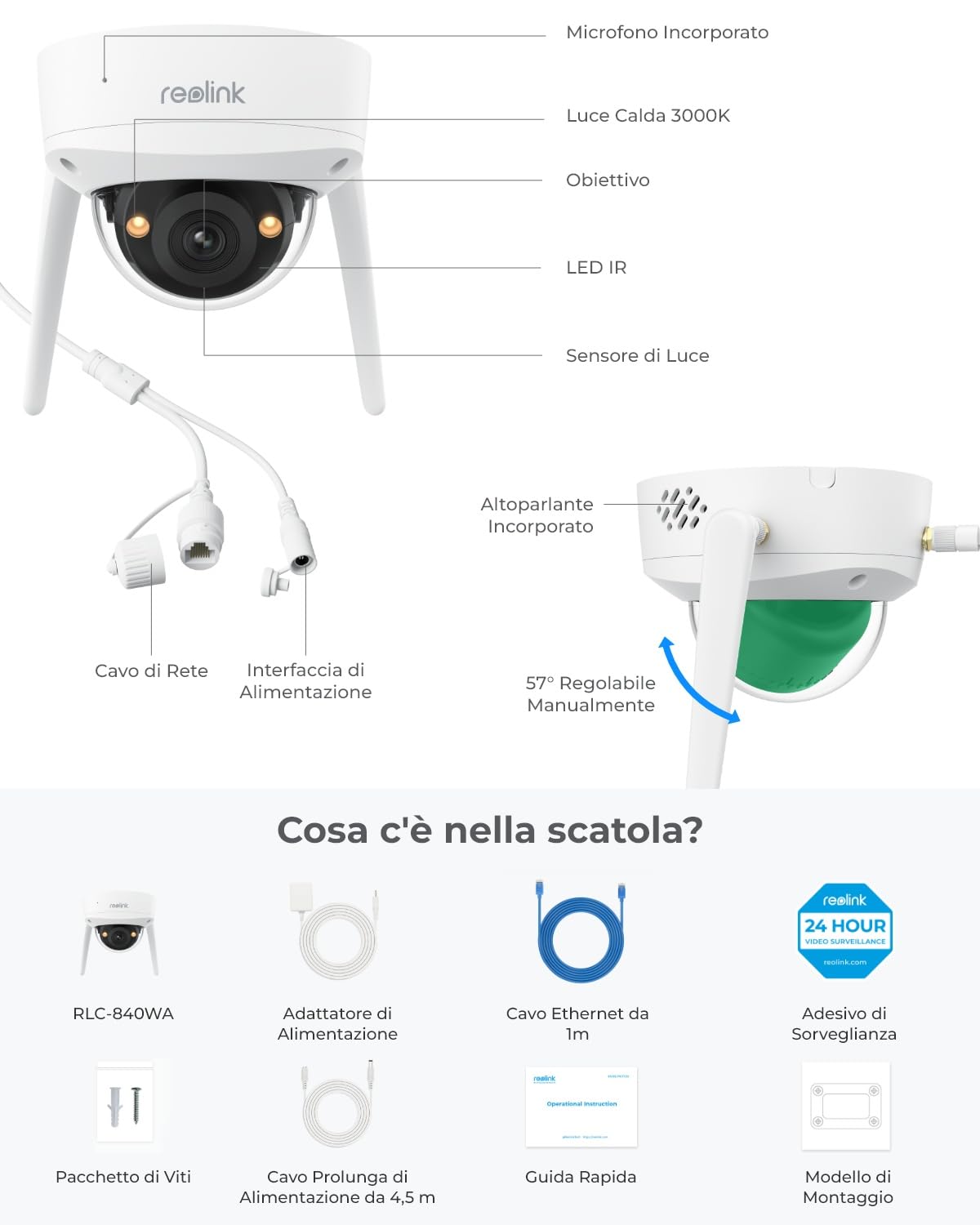 Reolink 4K Telecamera Wi-Fi Esterno, Wi-Fi 6, IK10 Antivandalo | Visione Notturna a Colori, Rilevamento di Persone/Veicoli/Animali, Audio Bidirezionale, RLC-840WA (No PT)