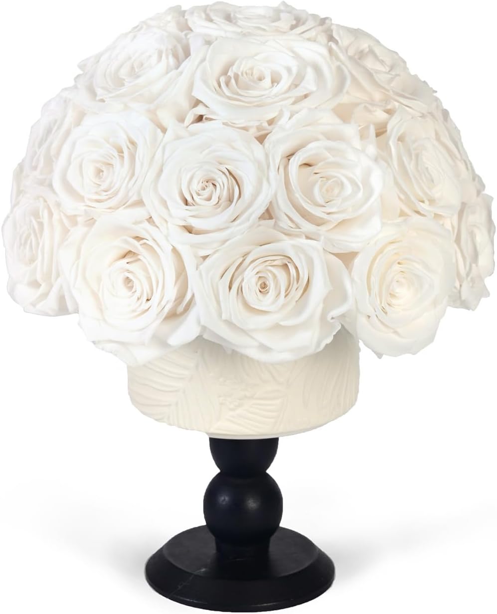 Luxury Preserved Flowers Blooms with Ceramic Base, Mushroom Shape Forever Eternal Natural Rose Gift Box for Home Table Decoration, Girlfriend Wife Family Valentines Mothers Day Birthday