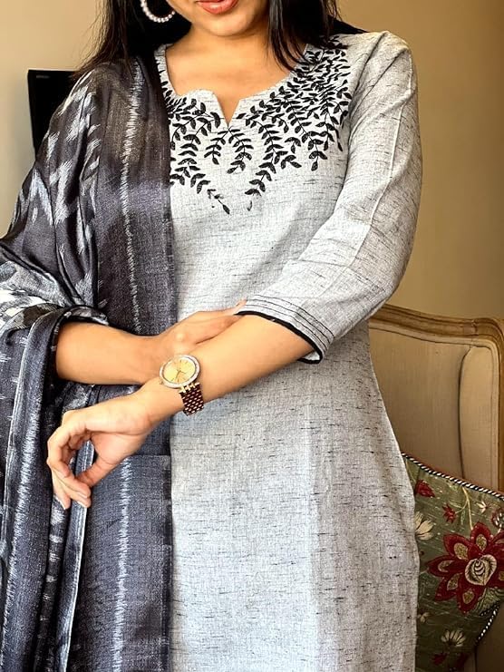 Image of Leaf Embroidered 3 /4 Sleeve Cotton Kurti Pant Set with Dupatta for Women
