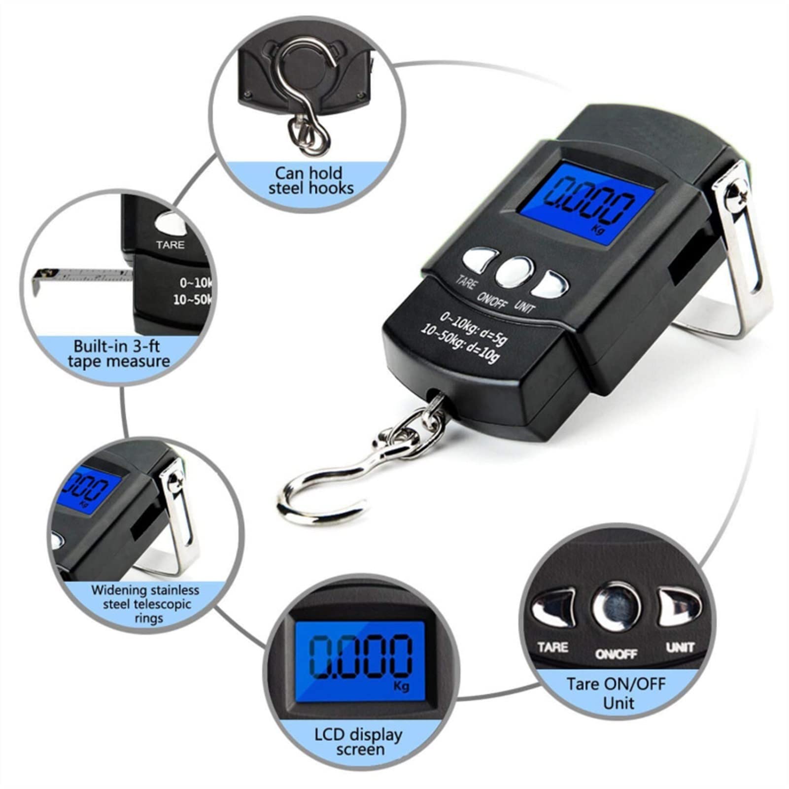Cyfrowa elektroniczna waga kuchenna Waga wielofunkcyjna, Waga do bagażu 50 kg, Waga wędkarska z miarką, Waga, Waga do bagażu, Waga hakowa, Waga dźwigowa, Wędkarstwo (rozmiar: jeden rozmiar)
