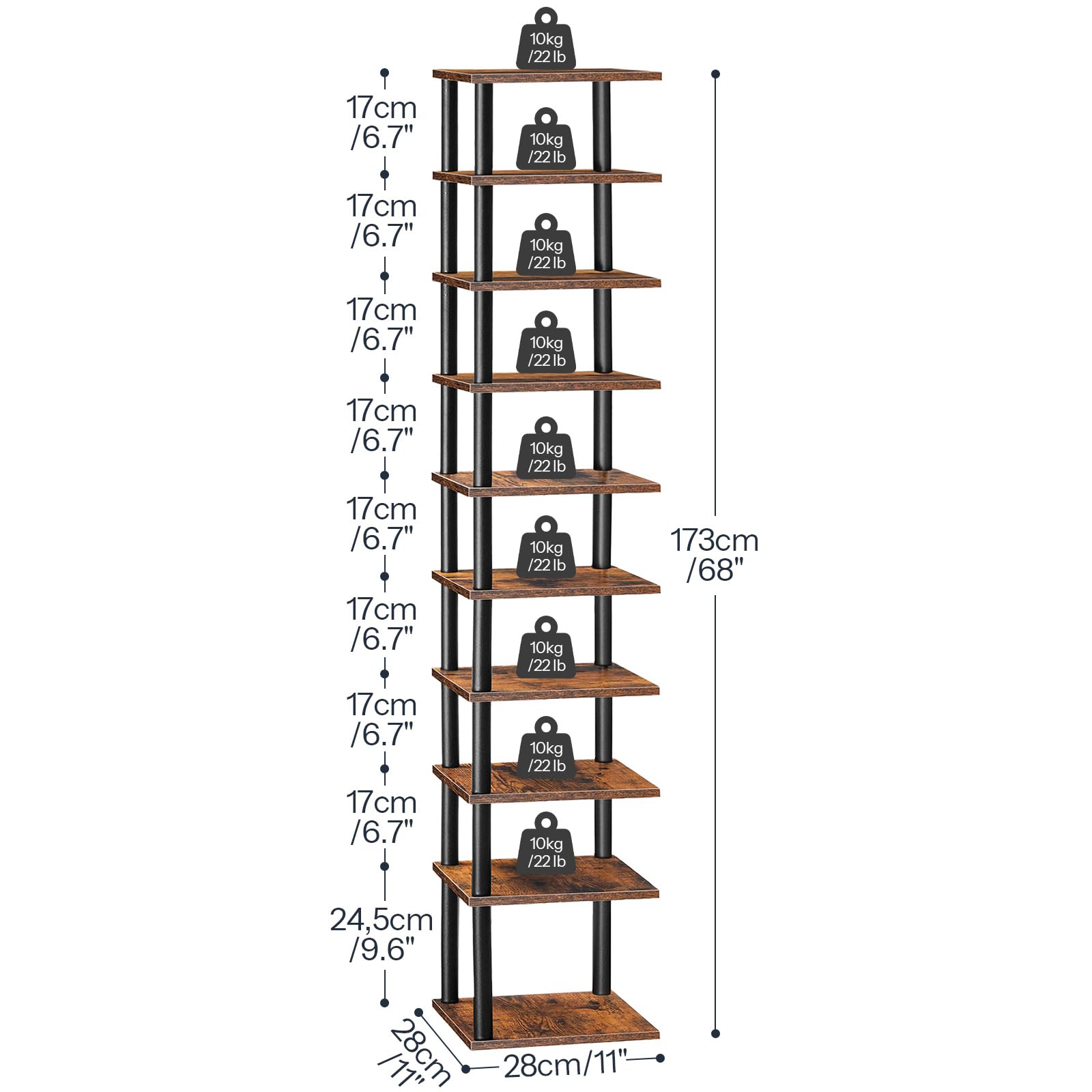 HOOBRO Estantería para Zapatos, Estante Zapatero de 10 Niveles, Organizador de Zapatos, para Entrada, Vestíbulo, Sala de Estar, Dormitorio, Marrón Rústico y Negro EBF32XJ01