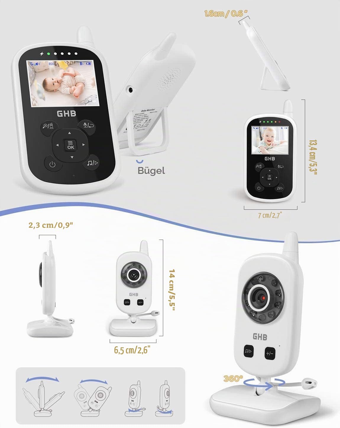 GHB Baby Monitor Babyphone Video 2,4 GHz ECO Modus Gegensprechfunktion Temperatursensor Reichweite ca. 300m Schlaflieder Weiß, 720p, Nur Audio