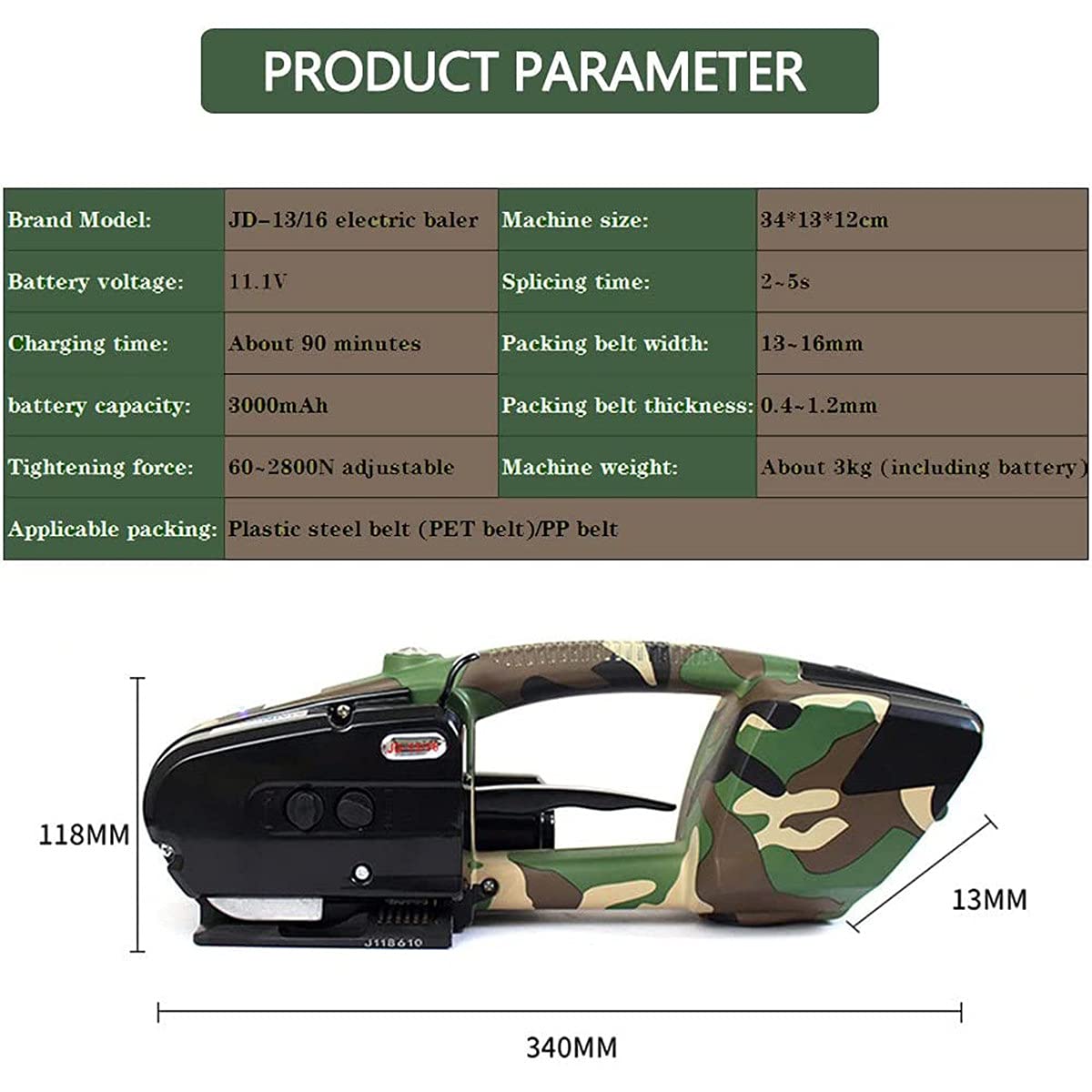 Reggiatrice Manuale,Reggiatrice Elettrica,per Reggetta PP/Pet 13-16Mm, Fino A 2800N, Batteria 3000mAh Pressa Portatile Elettrica,Camouflage