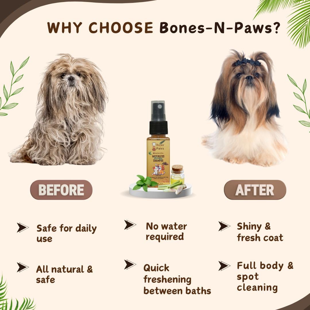 BONES N PAWS Paws Anti-Tick & Flea Dry Shampoo 35Ml Waterless Dog Shampoo Natural Aloe & Oatmeal,& Deodorizing for Dogs & Cats Antiseptic, Antifungal & Antibacterial |All Breeds 1