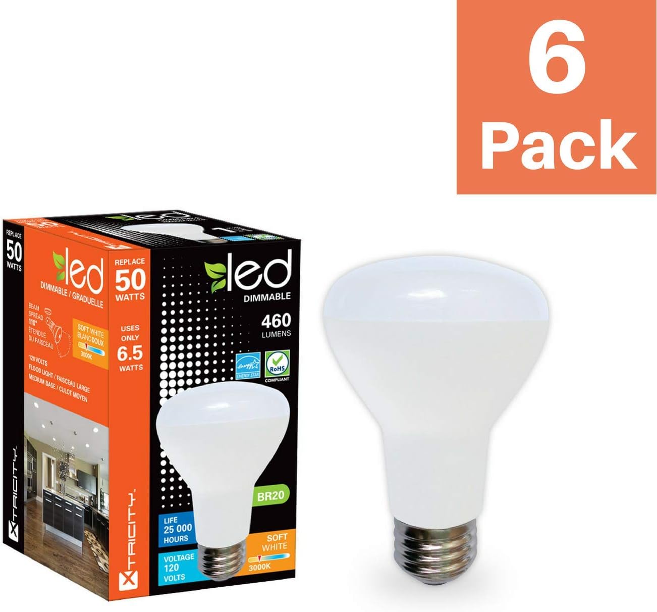 Xtricity BR20 LED Spotlight Bulb, 6.5W (50W Equivalent), Dimmable, 460 Lumens, R20 3000k Soft White, E26 Medium Base, Energy Star (6 Pack)