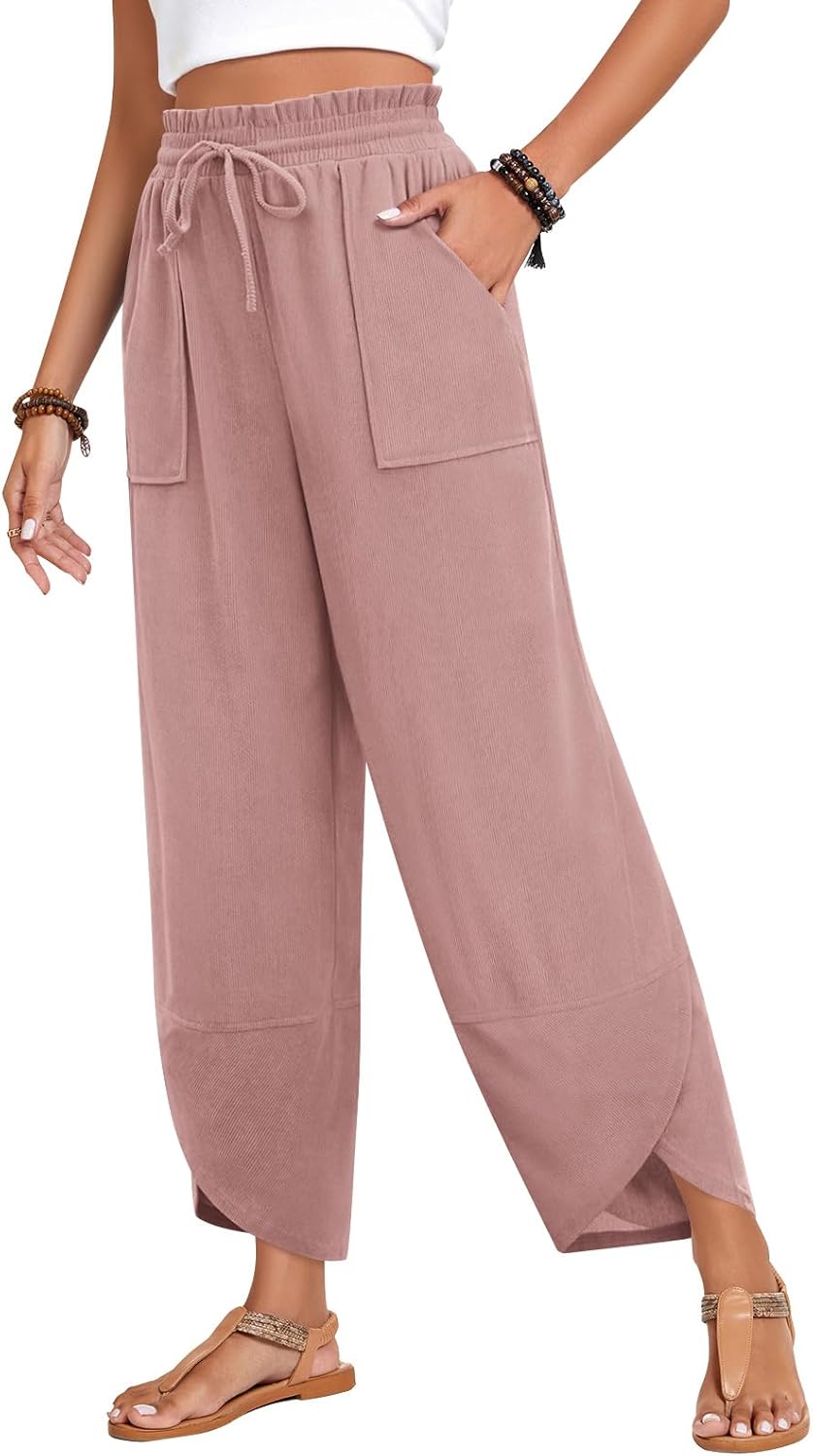 Anyhold Womens Baggy High Waisted Wide Leg Lounge Pants Drawstring Casual Palazzo Pants Trousers with Pockets