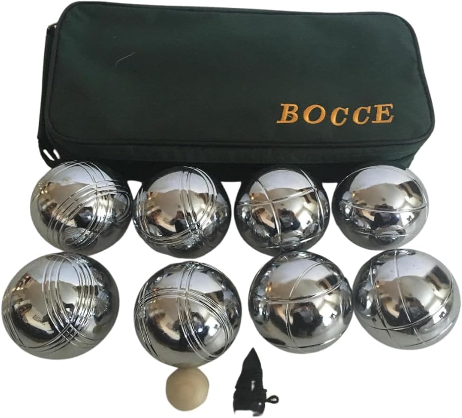 BuyBocceBalls Listing -73mm Metal Bocce/Petanque Set with 8 Silver Balls and Green Bag - Single