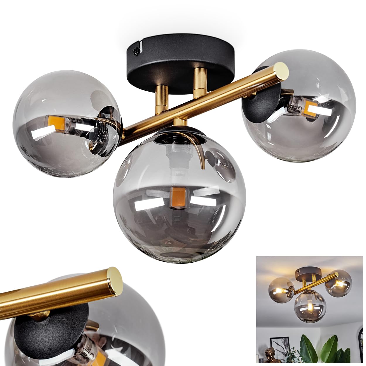 Chehalis Ceiling Light, Ceiling lamp Made of Metal/Glass in Black/Gold/Smoke Colours, luminaire in Retro/Vintage Design with Glass Shades (Ø 10 and 12 cm), 3 x G9 LED, Without Bulbs