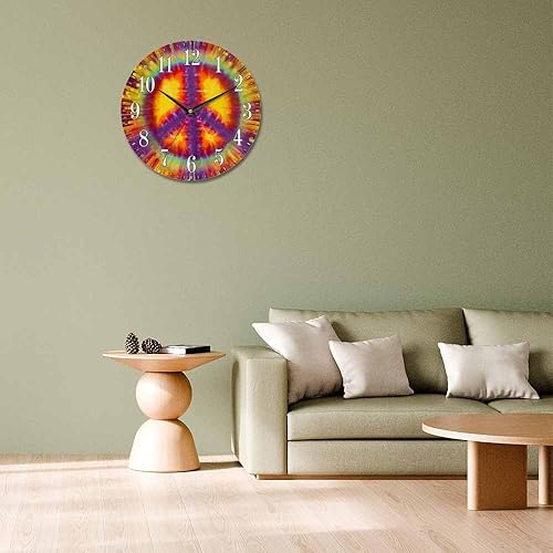 Miniatura 7 de Mxocom Reloj de pared con signo de paz de teñido anudado, abstracto, colorido, vibrante, símbolo hipple de 10 pulgadas, silencioso, sin tictac,