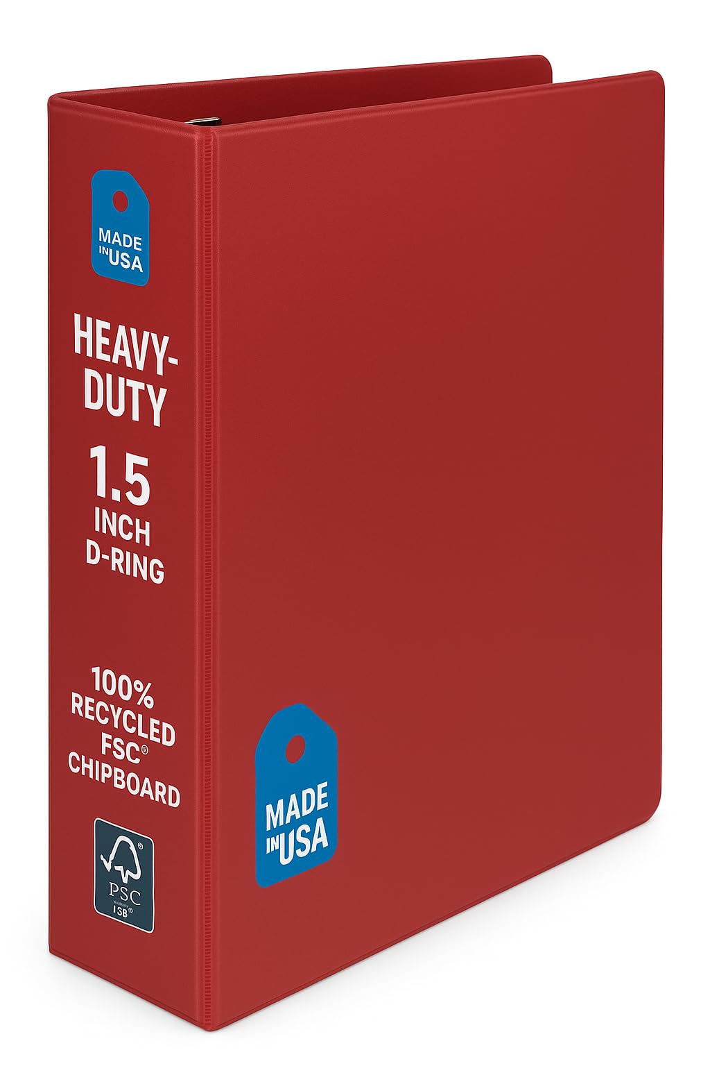 Heavy Duty 1.5 Inch Red 3 Ring Binder, Over 1 LB, D Ring Design, Made in USA, FSC Certified 100% Recycled Chipboard, Eco-Friendly Durable School Office Binder 16453