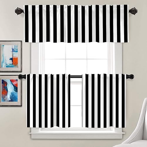 Miniatura 2 de Batmerry Cortinas negras modernas y sencillas a rayas, con diseño geométrico de cebra en negro y blanco, cortina de cocina corta de poliéster para