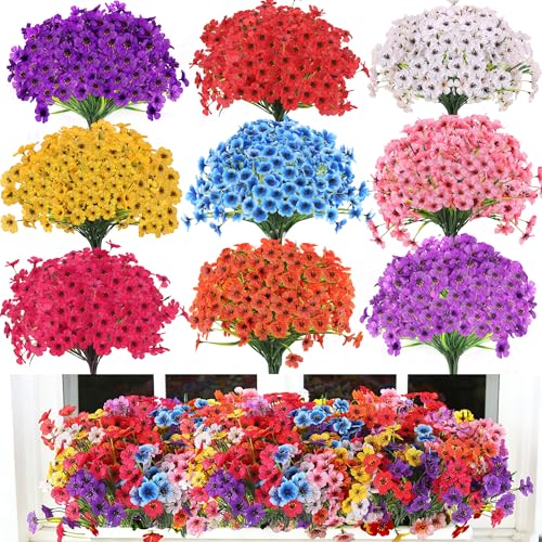 18 Bundles Artificial Flowers Outdoor 9 Colors UV-Resistant Artificial Flowers No Fade Plastic Faux Plants for Indoor Outside Garden Porch Window Box Farmhouse Wedding Decoration Hanging Planters