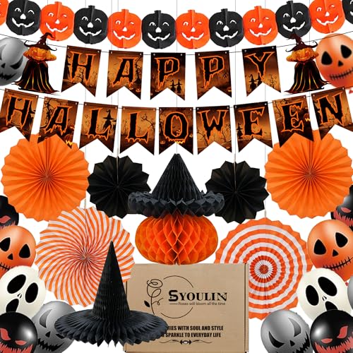 Syoulin Kit Completo de Decoración de Halloween | Con Guirnalda de Calabazas, Abanicos de Papel, Globos de Cara Aterradora, Pancarta de Fiesta | Para Interior y Exterior