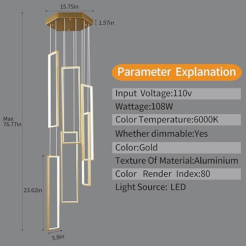 Miniatura 124 de Lámpara colgante moderna para isla de cocina, regulable, color negro, 54 W, luces colgantes LED, 4 anillos, candelabros rectangulares, escalera