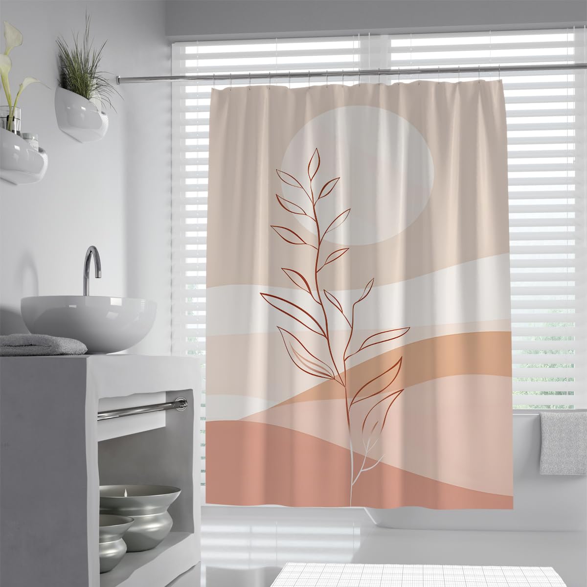 UIRINGART Boho Shower Curtain W200xL220cm Terracotta Leaf Sun Wave Hill Art Mildew Resistant Quick Drying Polyester Fabric Lightweight Bathroom Wet Room Tub