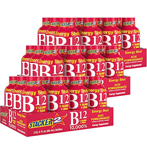 Stacker 2 Vitamin B Complex B12 B6 B3 Liquid Energy Shots - Acai & Pomegranate - Cyanocobalamin 10 000% DRV - B-6 Pyridoxine 40mg - B3 Niacinamide (Niacin) 20mg - BASED BOX Bundle (2oz Pack of 36)