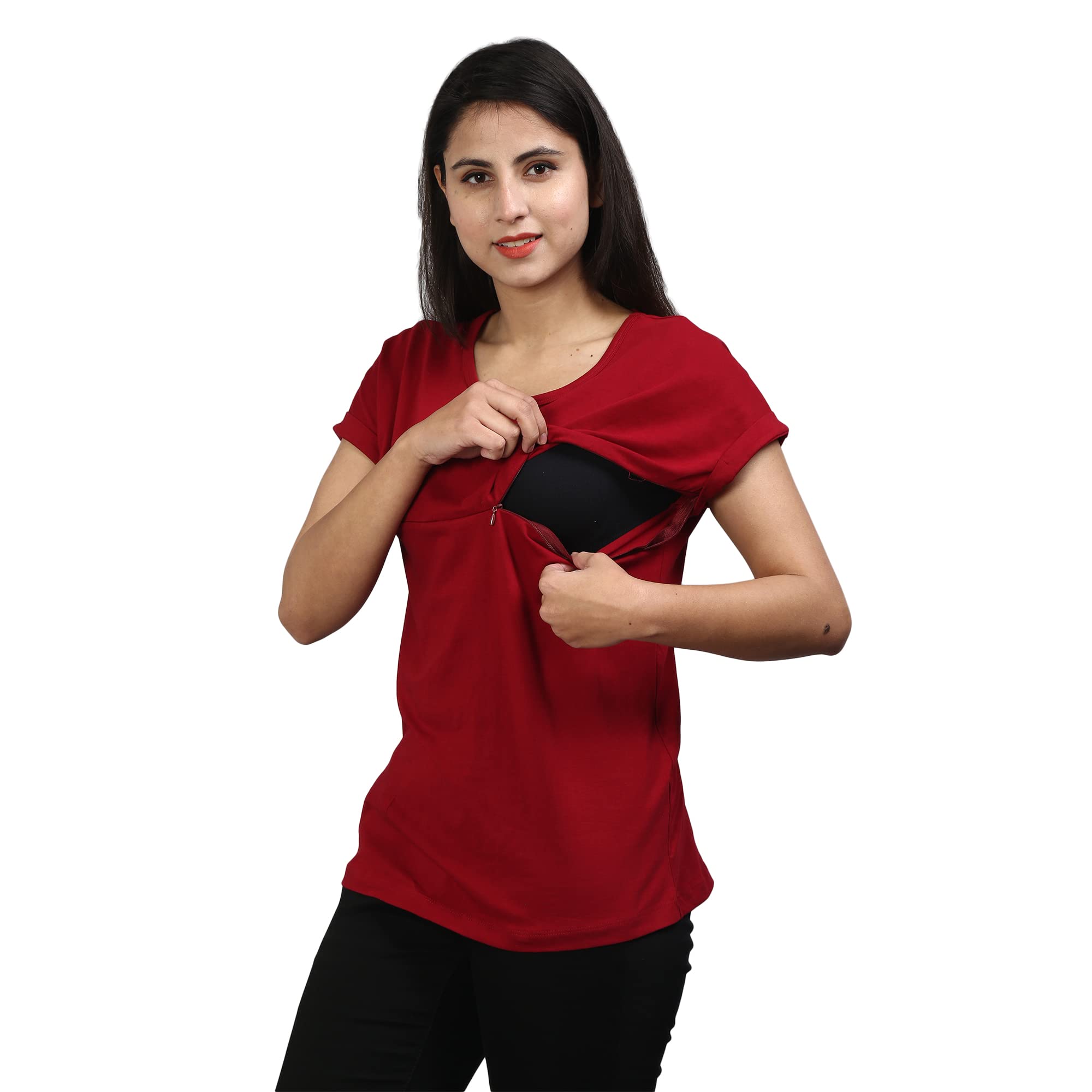 Sillyboom Premium Cotton Solid Women's Pregnancy Maternity Feeding T-Shirt, Nursing Top Tee Round Neck Half Sleeves T-Shirt for Pregnant Women (Maroon, L) 2