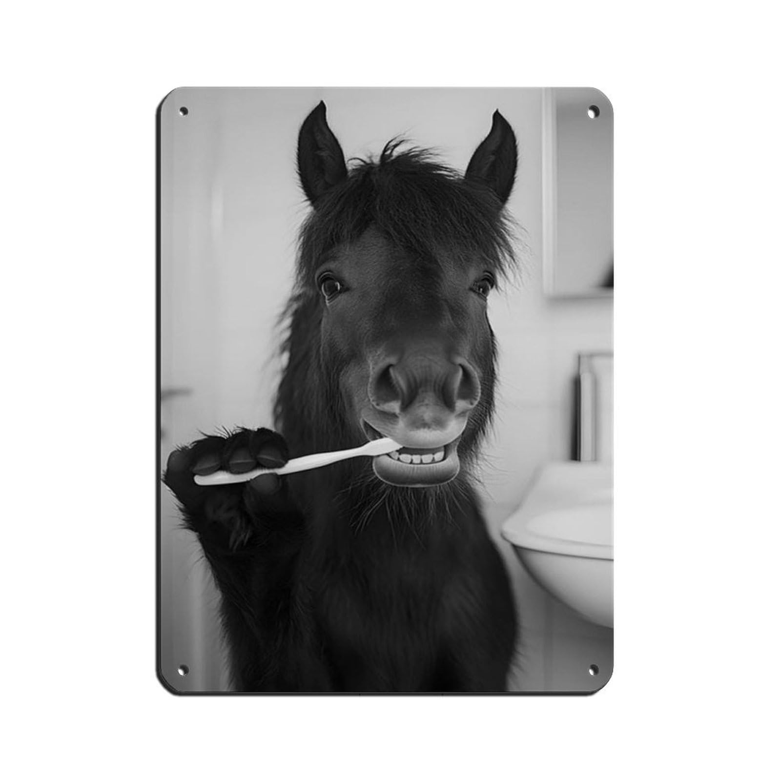 Horse Brushing Teeth, Funny Bathroom Art Tin Sign Vintage Metal Pub Club Cafe Bar Home Wall Art Decoration Poster Retro 12x16inch(30x40cm)