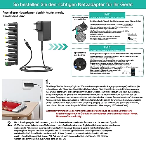 HKY Universal AC-DC Adapter 12V 2,5A 2A Netzteil Ladegerät AC240V zu DC12V 500mA 1000mA 1500mA 2000mA 2500mA für LED Streifen WLAN Router Hub FritzBox 5,5mm mit 10 Adapterstecker DC Transformator