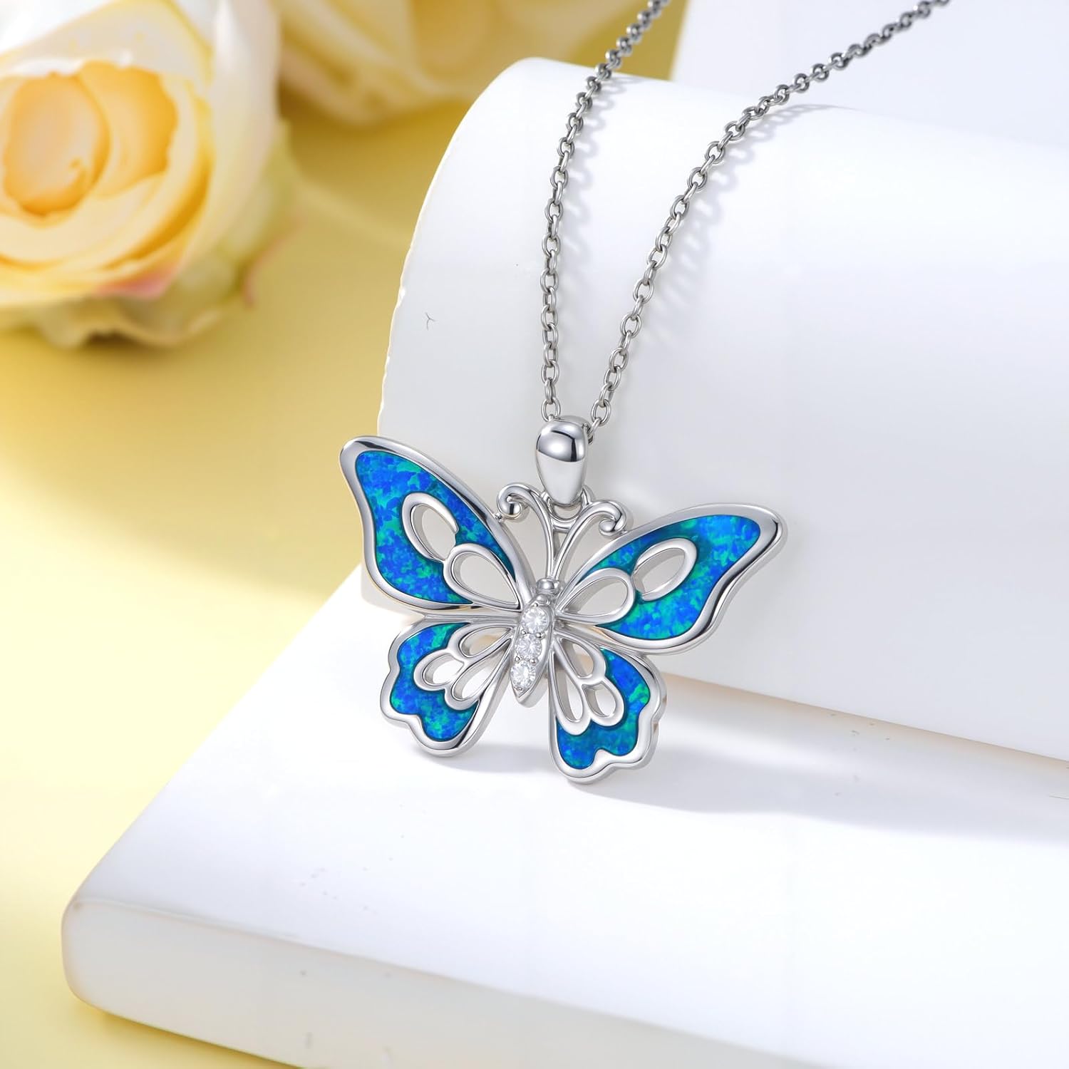 Butterfly Necklace 925 Sterling Silver Genuine Butterfly Opal with Diamonds Pendant Necklace Valentine's Day Birthday Jewelry Gift for Women Friends - Image 5