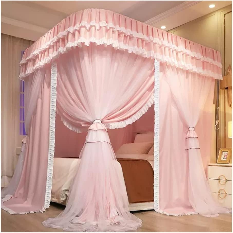 Double Bed Canopy Mosquito Net, Decorative Bed Curtain for Girls' Princess Room Bedroom with Metal Support (Pink 200X220X210CM)