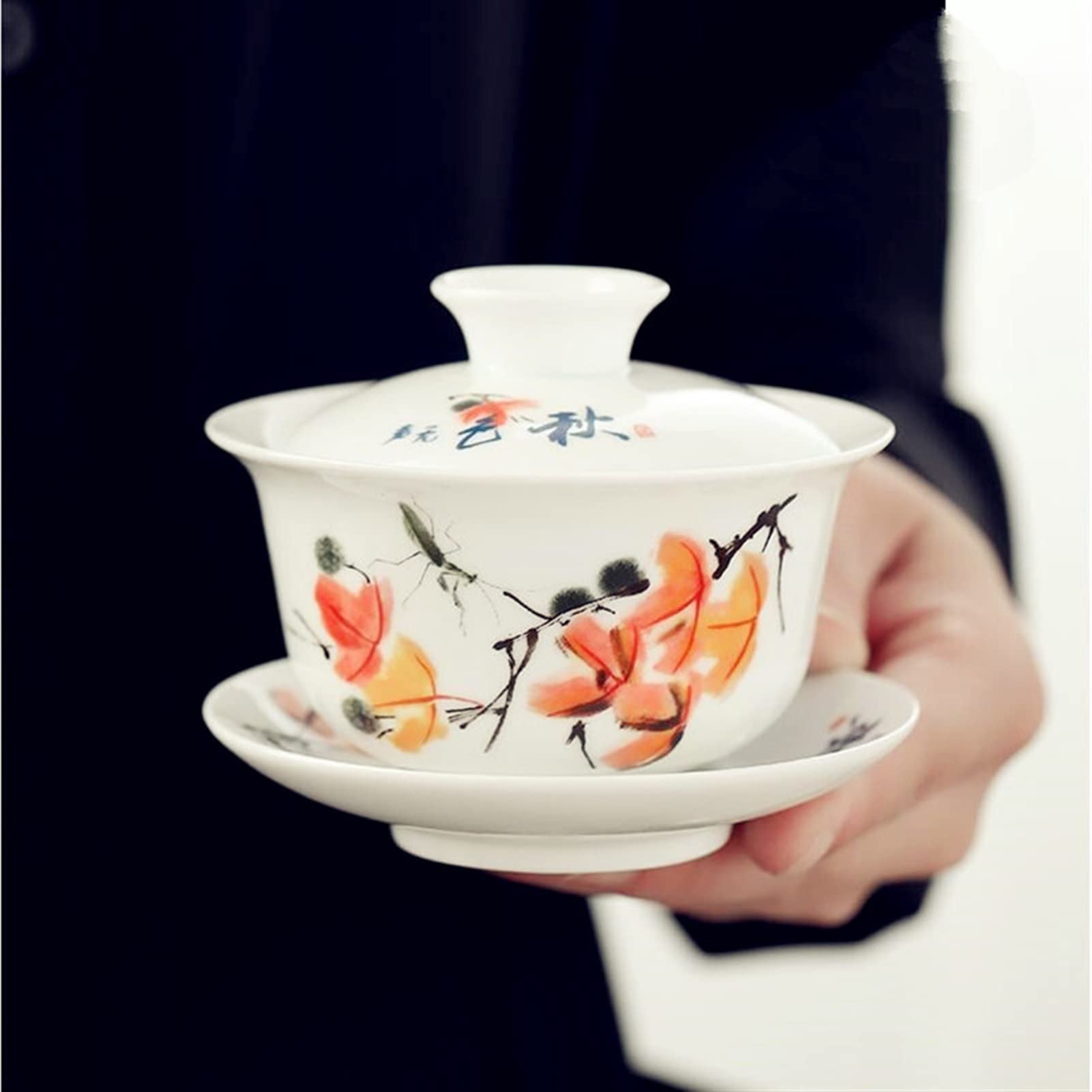 BATLAM Teetasse Blaue und weiße Porzellan-Abdeckschale Teetasse Große einzelne Teeschale Weißes Porzellan-Tee-Set Seladon-Teezubehör (Color : Clear) (Armeegrün)