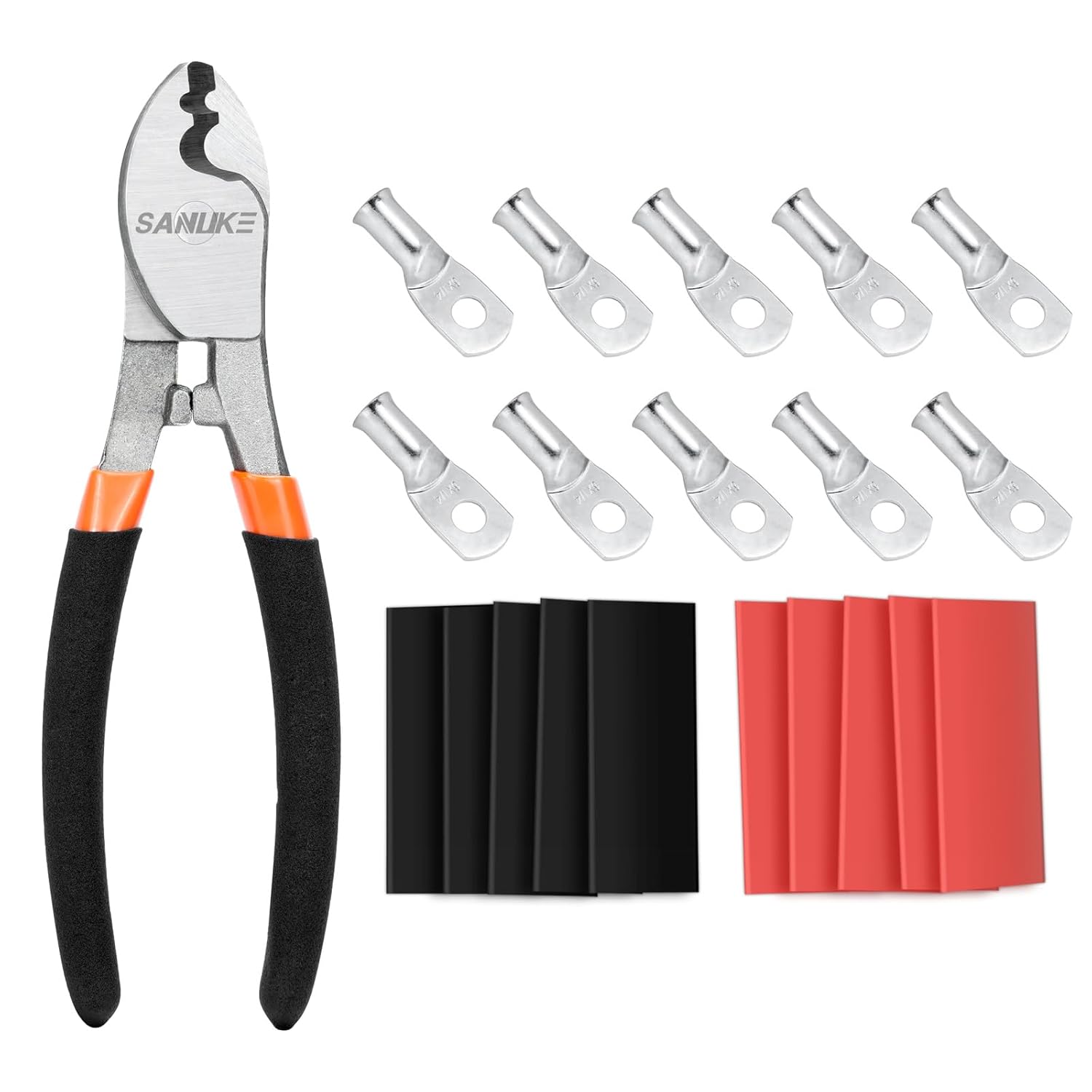 Sanuke 10pcs 6 AWG - 1/4" Heavy Duty for Tinned Copper Battery Cable Wire Lug with 3:1 Dual Wall Adhesive Heat Shrink and 6-Inch Heavy Duty Battery Cable Cutter