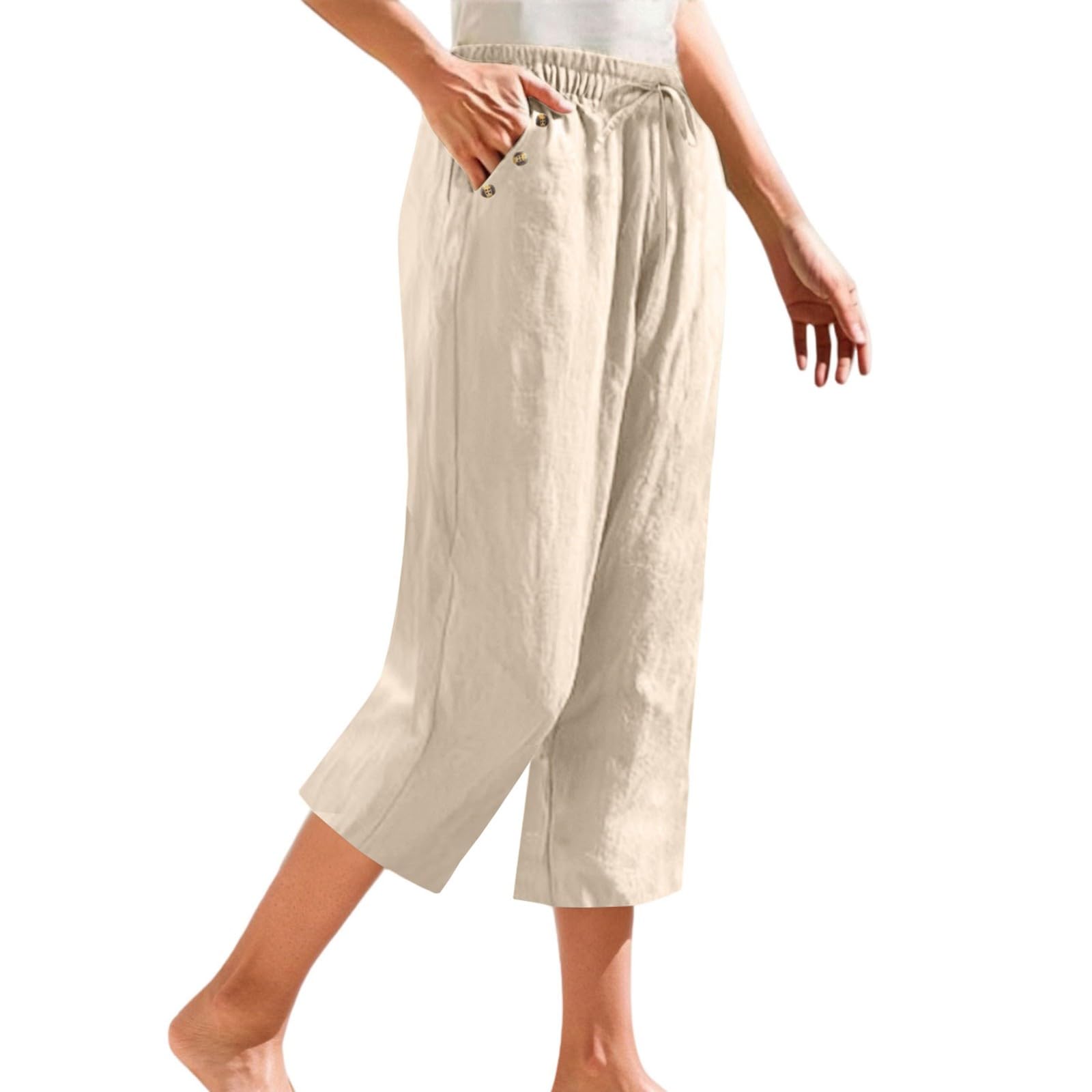OIUHJN Capri-broek voor dames, casual, zomer, trekkoord, elastisch, hoge taille, linnen broek, recht, afgesneden broek, bruine broek voor dames, breed, grijs, XL
