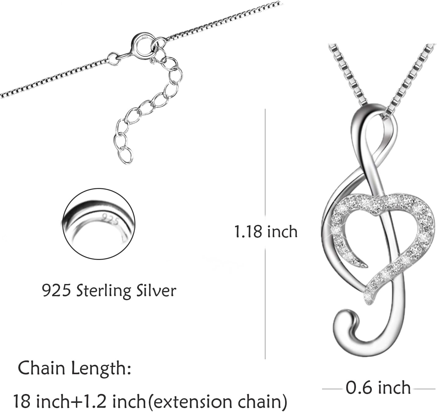 925 Sterling Silver Music Note Love Heart Necklace Pendant Jewelry for Women Daughter Sister - Image 2