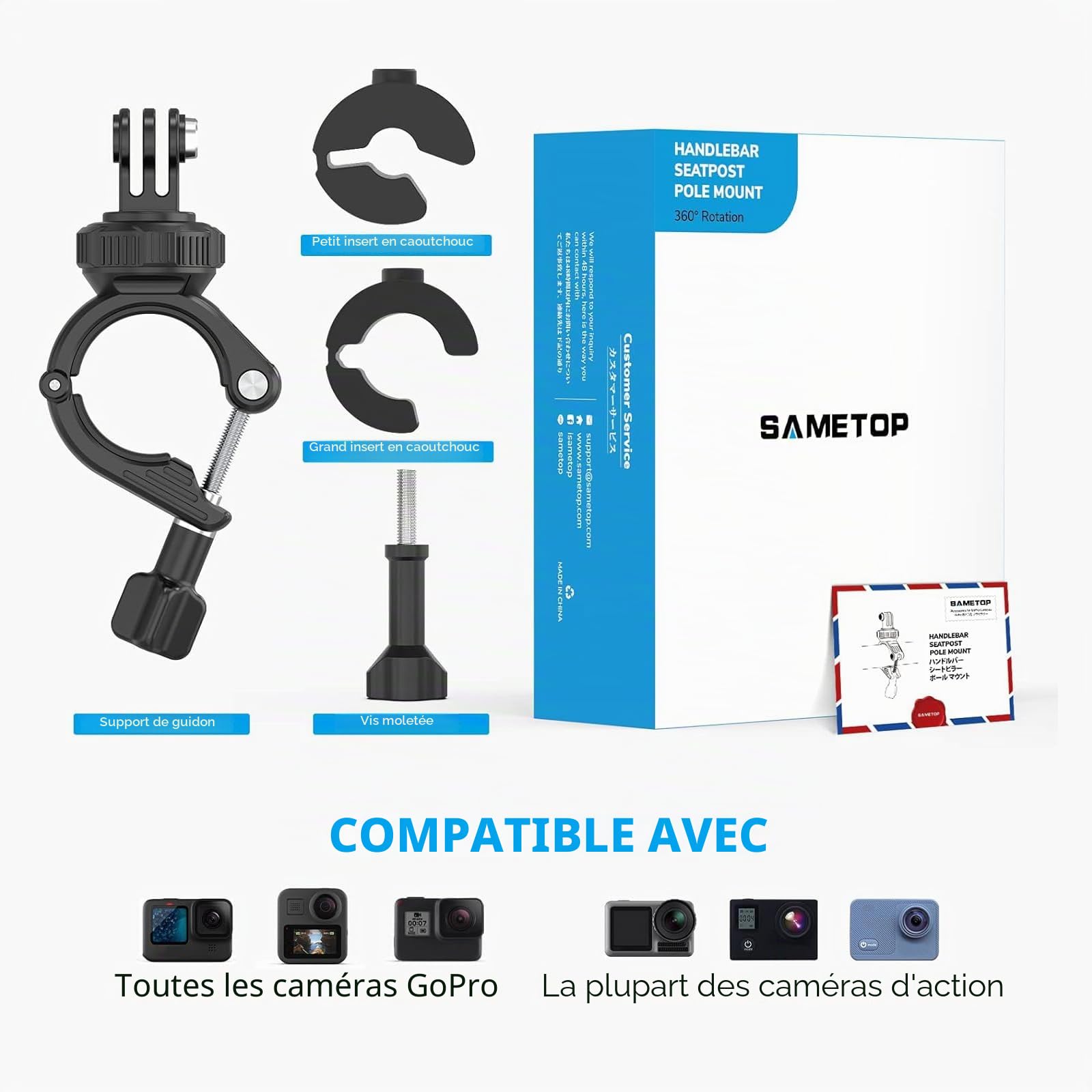 Clamp Guidon Montage de Moto et Vélo Support de Pince Tube Fixation Compatible avec GoPro Hero 13 12 11 10 9 8 7 6 5 Session DJI Caméras d'action - Pivote à 360