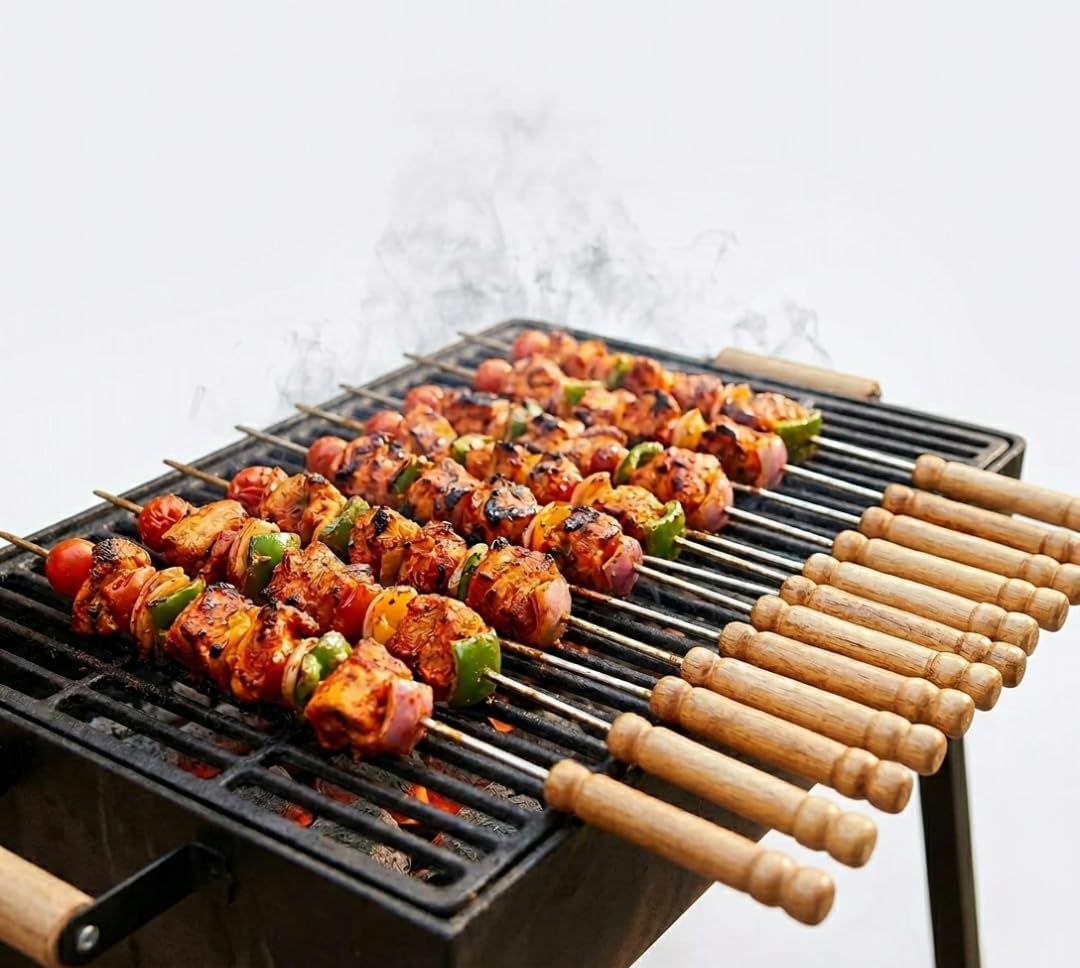 Stainless Steel BBQ Skewers with Wooden Handle Pack of 12 | Reusable Heavy Duty Grill Sticks for Chicken, Paneer, Fish, Seekh Kebab, Vegetables | Barbecue & Tandoor Accessories-picture-12