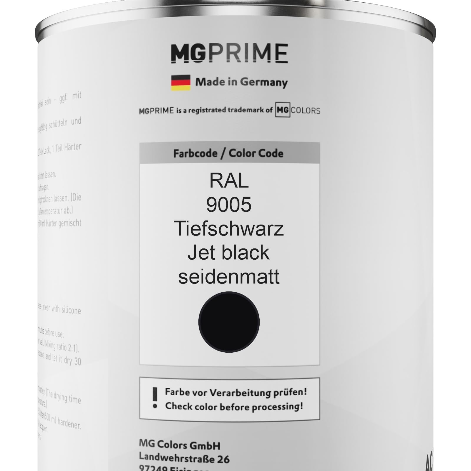 MG PRIME RAL 9005 Noir foncé mat satiné, pot de peinture acrylique 2K 1,5 L