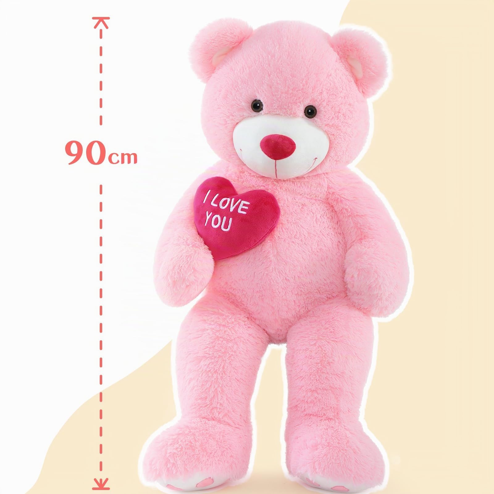 MorisMos Ours Peluche Geant Rose avec Cœur, I Love You Nounours en Peluche Geante XL,Cadeaux de Noël, Mignonne pour Enfants Filles Copine Femme Anniversaire(90cm)