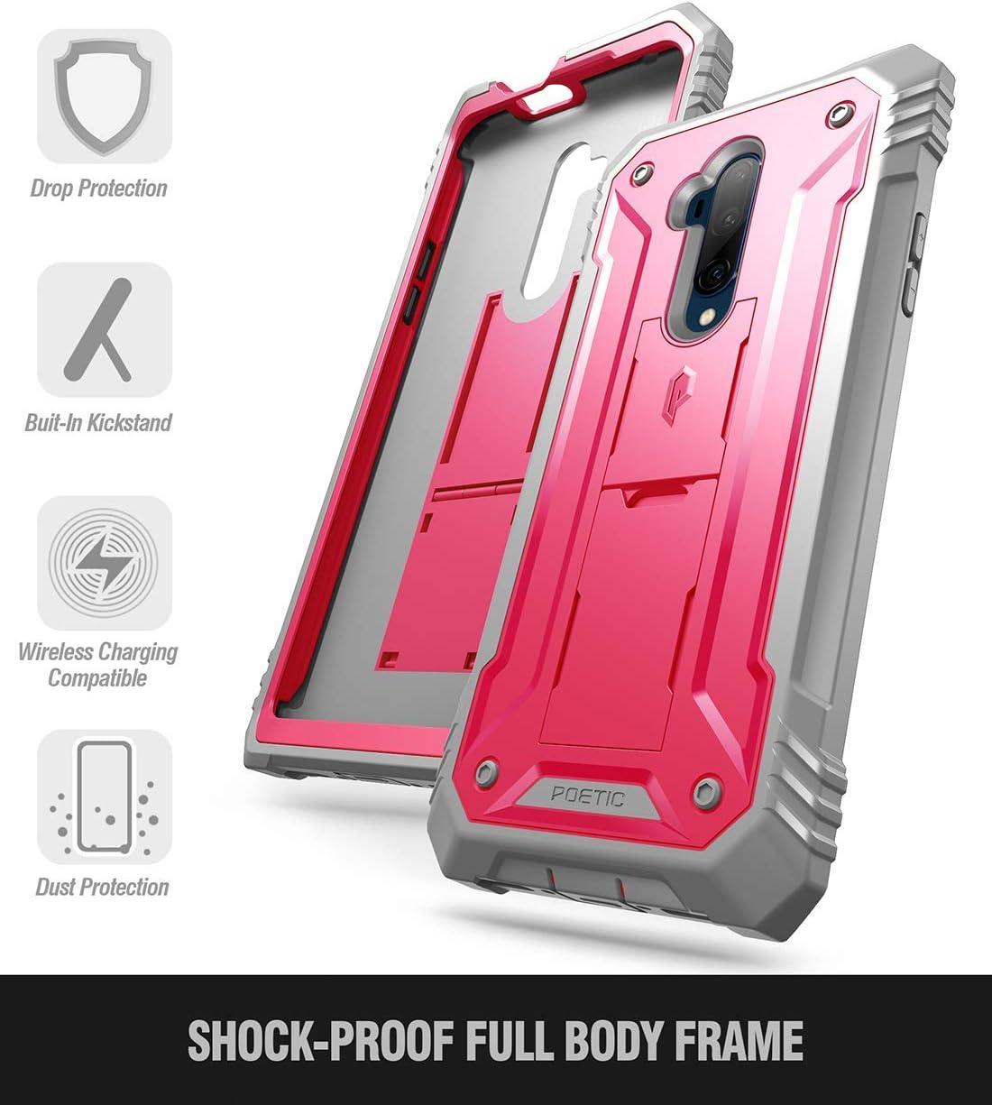 Poetic Revolution Series Designed for OnePlus 7T Pro/OnePlus 7 Pro, Full-Body Rugged Dual-Layer Shockproof Protective Cover with Kickstand and Built-in-Screen Protector, Pink