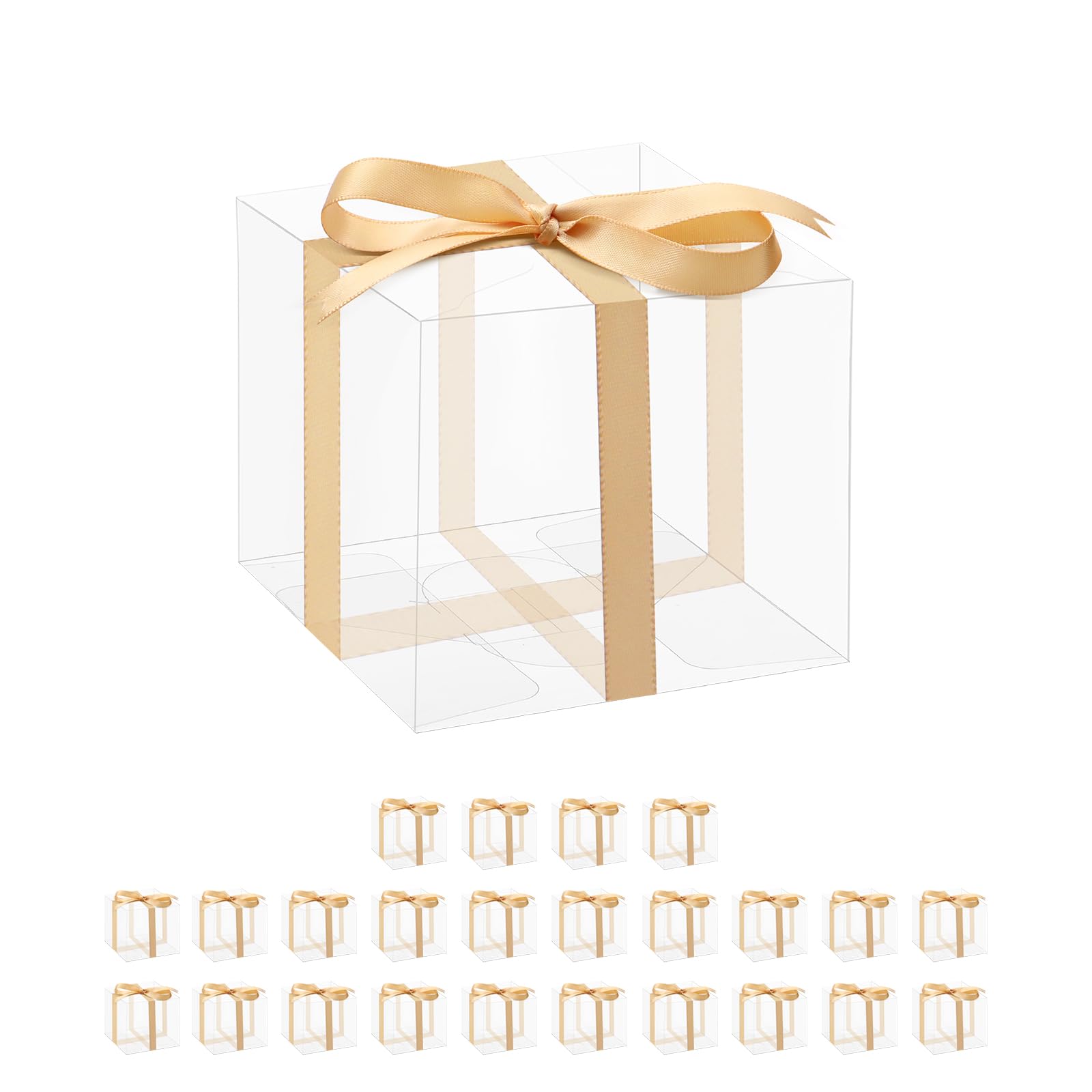 HAPPY POTATO 25 Pack PET Clear Favor Boxes with Ribbon, 3"x3"x3" Clear Gift Boxes for Chocolate Candies Cookies Muffins Party Favors Packaging, Clear Boxes for Favors