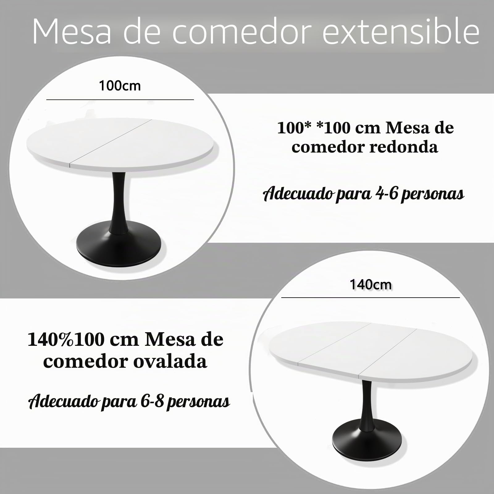 Mesa de Comedor Redonda Extensible, 100-140 x 100 x 75 cm, para 4-6 Personas, Ideal para Comedor, Cocina y salón, Blanco + Negro (AB)