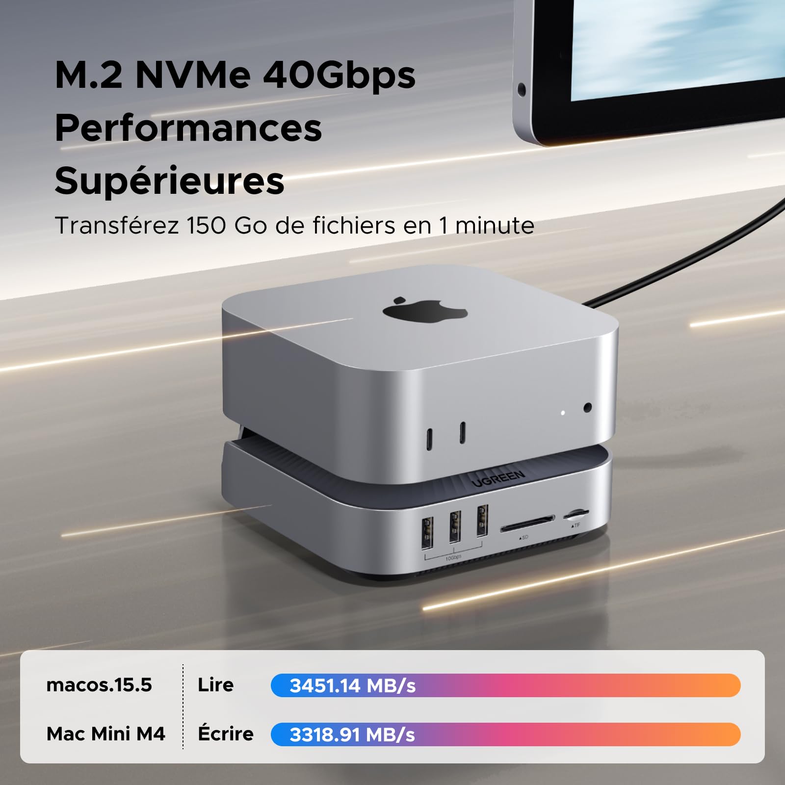 UGREEN USB4.0 40Gbps Docking Station et Support pour Mac Mini M4 et M4 Pro | 10 Ports, avec Boîtier M.2 NVME SSD, HDMI 8K 30Hz Max, 5 USB 3.2 4A1C 10Gbps, Lecteur de Carte SD TF 4.0, 3.5mm Audio