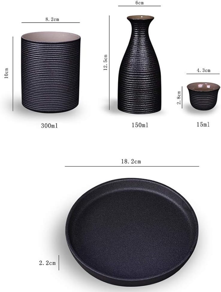 Perfect Japanese Sake 9-Piece Set Include:Hip Flask X1 Warm Wine Jug X1 Wine Glass X6 Wine Plate X1 - Sake Cup Sets with Warmer Black Ceramic for Home