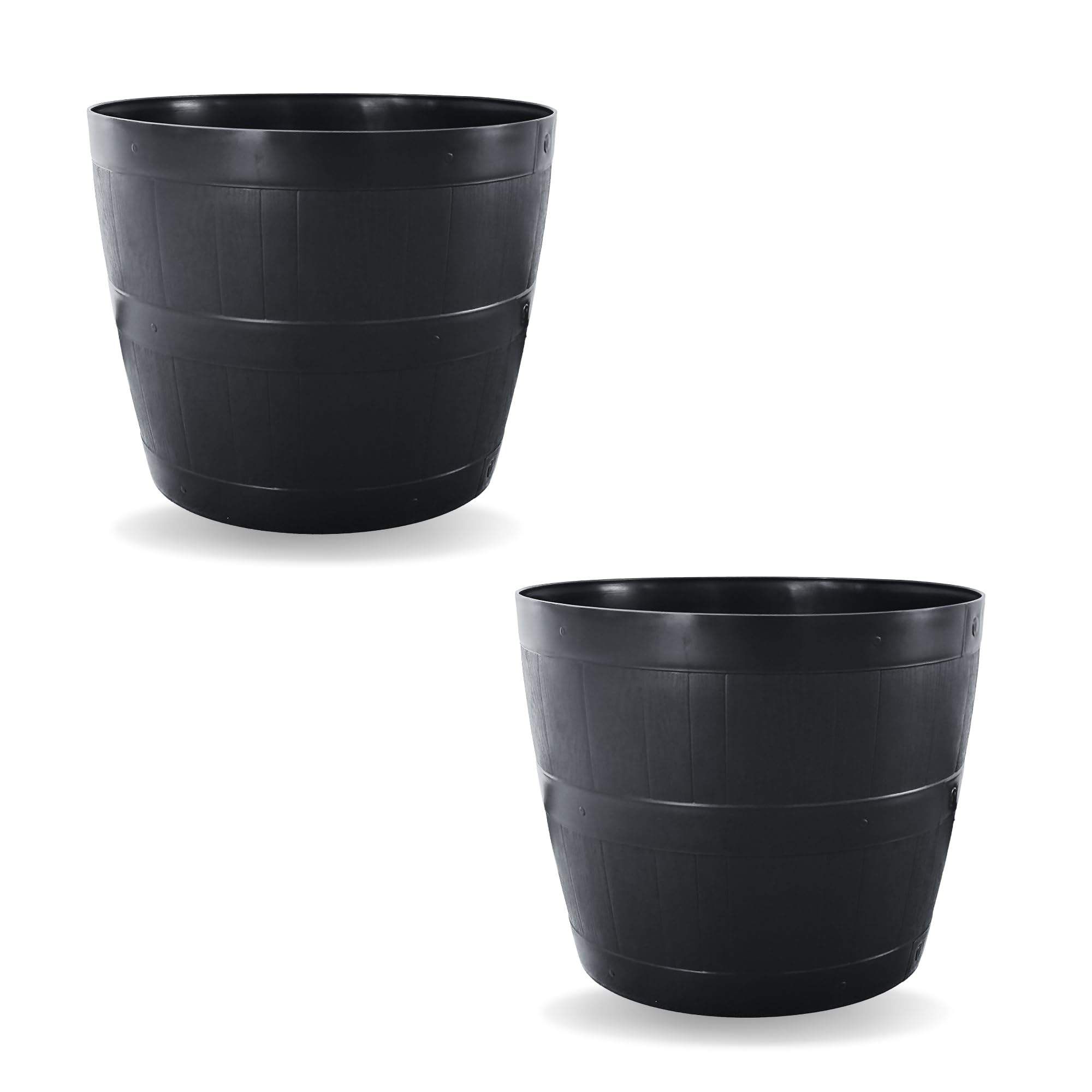 Straame Pack of 2 Plant Pot Tubs, Gardening Flower Pots - Indoor Or Outdoor Planter - Multi-Purpose - Makes Your Living Space Bloom (Black Barrel Plantar Large- 45 x 33 x 34 cm) — image 1
