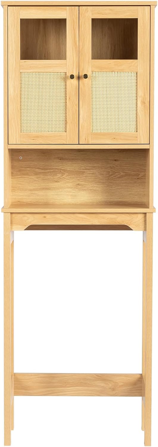 Karl home Over The Toilet Storage Cabinet Bathroom Organizer Over Toilet Free Standing Above Toilet Rack with Adjustable Shelf, Open Shelf, Acrylic Glass Doors, Wood