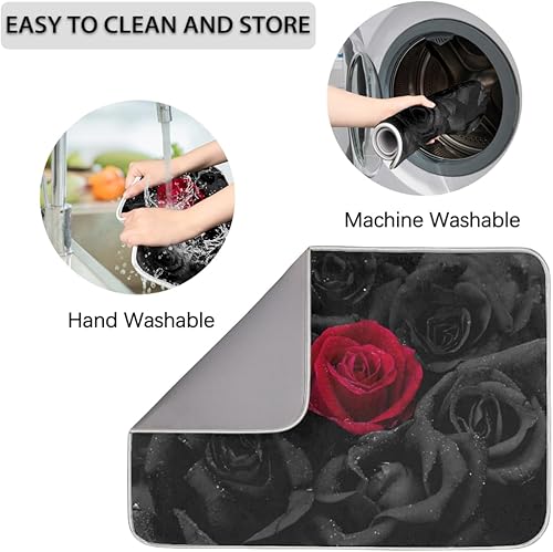 Miniatura 4 de Tapete de secado de platos con rosas y flores negras y rojas para encimera de cocina, almohadilla absorbente reversible de microfibra reutilizable,