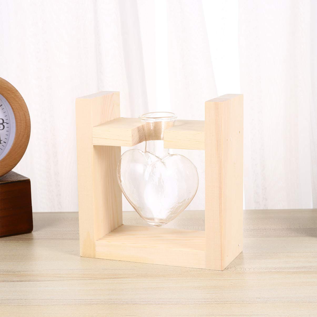 Jarrón hidropónico de Cristal en Forma de corazón, con Soporte de Madera para decoración de Escritorio de casa, Oficina, Boda, jarrón de Cristal con Soporte de Madera