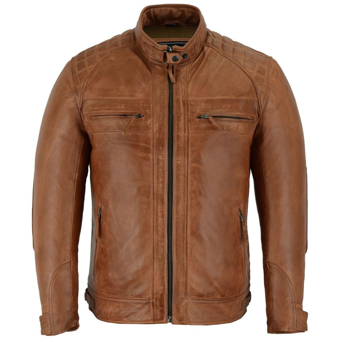 Vance Leather Mens Cafe Racer Waxed Lambskin Austin Brown Motorcycle Leather Jacket — view 3