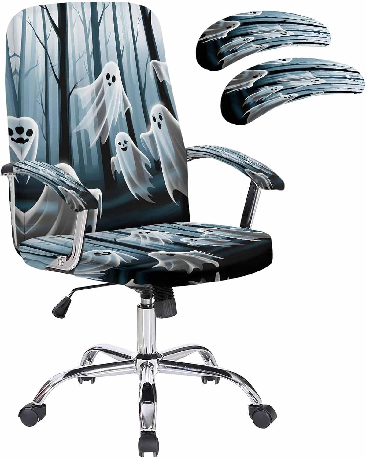 Halloween Office Chair Cover with Armrest Covers & Zipper Ghost Forest Computer Chair Covers Stretchable Horror Eerie Fluttering Spooky Universal Rotating Desk Chair Slipcovers Seat Protectors Small