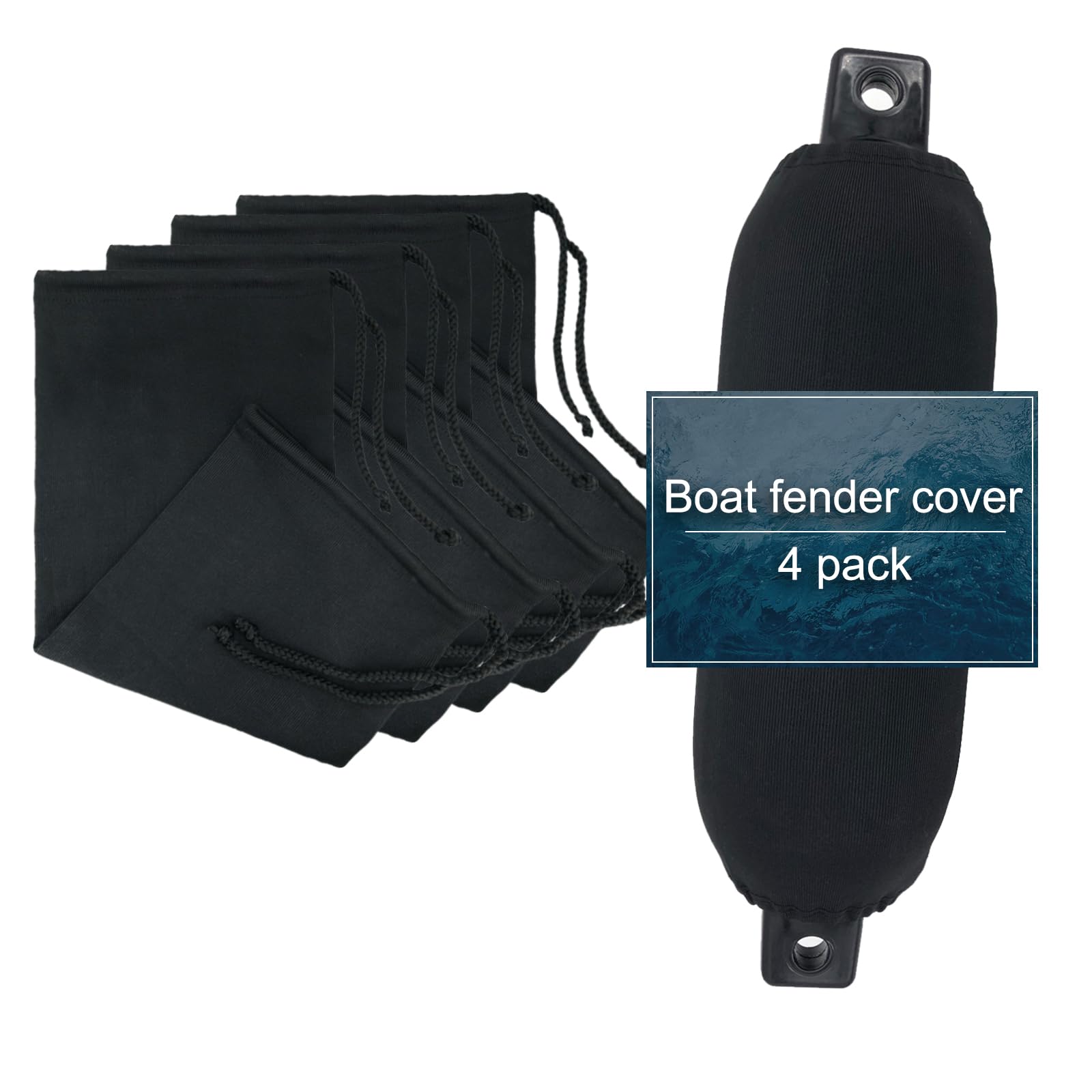 Boat Fender Covers (Black | 4 Pack, 9.5" x 22.5") | Multiple Size Options Available | 1, 2 & 4-Pack | Dual Drawstring Closure